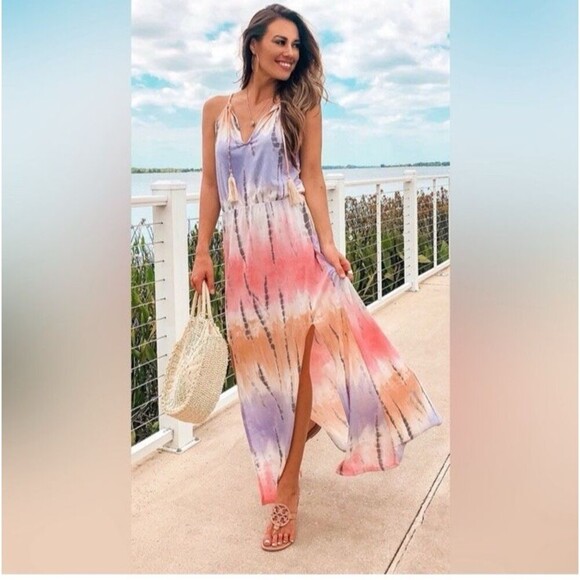 Venus Tie-Dye Maxi Dress Small Pink Orange Purple Tassel Boho Beachy Vibes - Picture 1 of 8